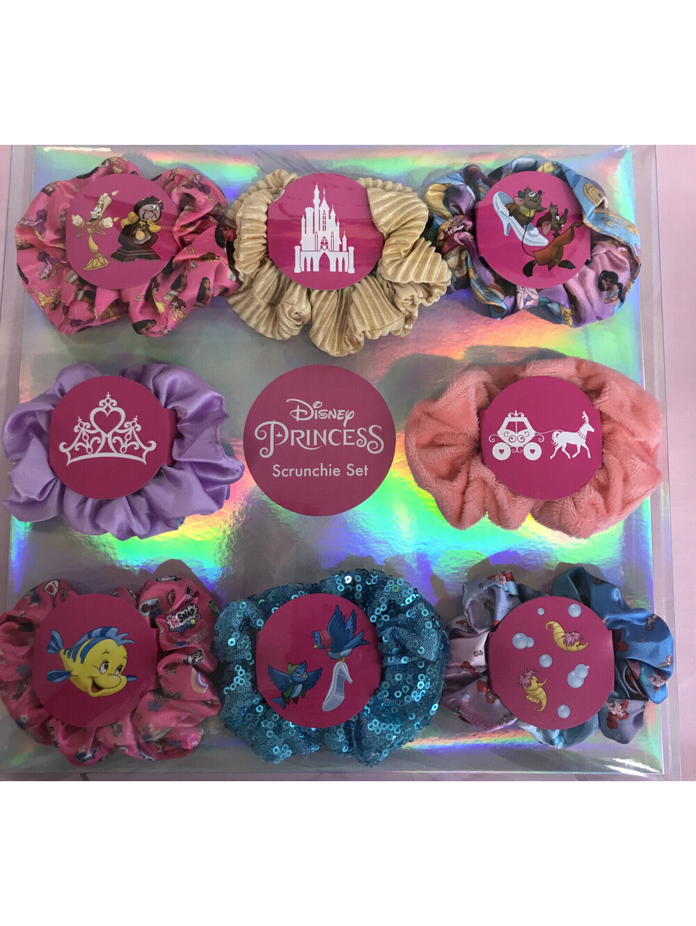 Disney Princess Scrunchies set -4 Graphic & 4 Solid. New In Box.